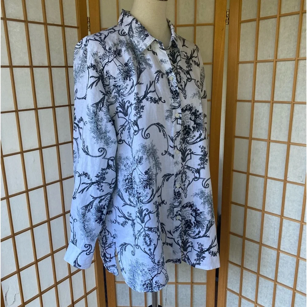 Alice Blue 100% Linen Button Up Print Blouse SZ Xl